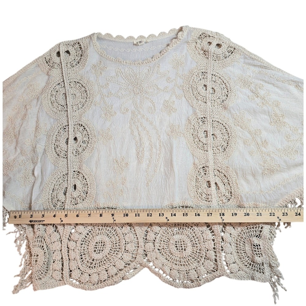 POL Womens Cream Crochet Embroidered Fringe Boho Gauze Top One Size - Picture 6 of 10